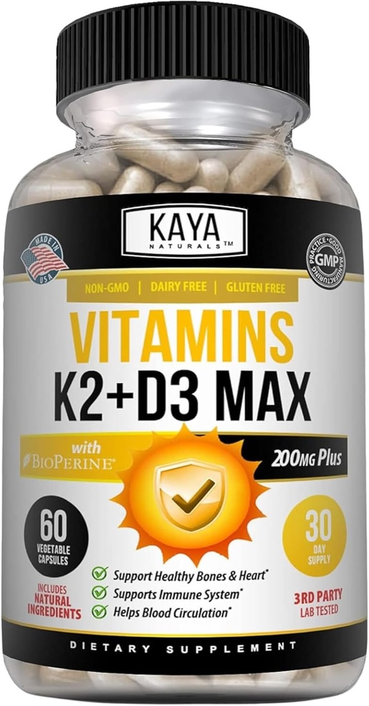 Kaya Naturals Vitamini K2 z D3 5000IU dopolnilo za moške in ženske - enostaven za požiranje - Bioperine kapsule (60 Število (Pack of 1))