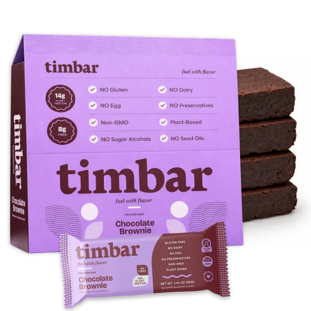 timbar Plant-Based Protein Bars, Chocolate Brownie | 15g Plant Protein, 9g Prebiotic Fiber | Gluten, Dairy & Egg Free, Non-GMO, No Sugar Alcohols (12 Pack)