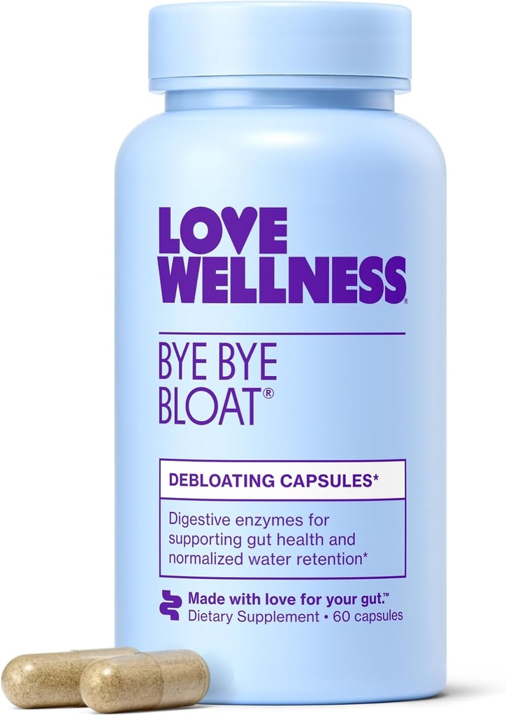 Love Wellness Bye Bye Bloat | Digestive Enzymes for Fast Acting Bloating Relief for Women | Helps Reduce Water Retention & Gas Relief | Supports Digestive Health with Fenugreek & Dandelion | 60 Count