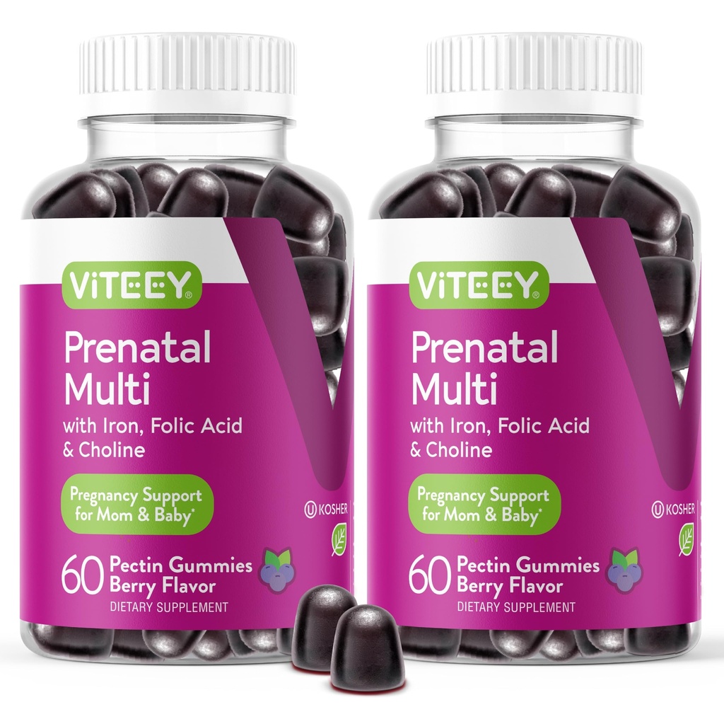 Viteey Prenatal Gummies for Women - Prenatal with Iron | for Pregnancy with Choline & Folic Acid Gummies - Vegetarian, Gluten Free - 120 Count