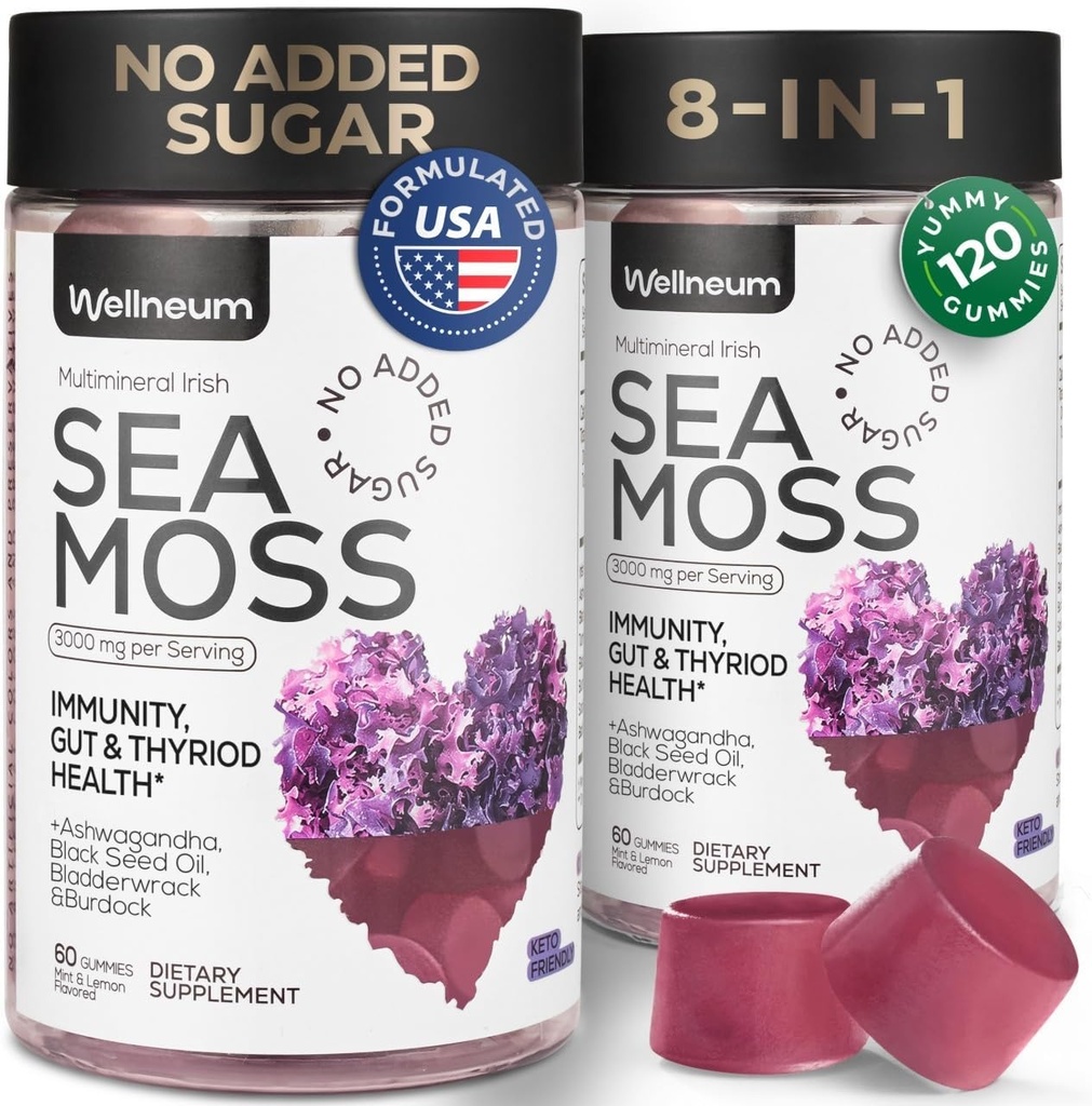 Multimineral Sea Mos Gummies 3000 Mg with Probiotic, Bladderwrack, Black Seed Oil, Ashwagandha, Burdock Root (2 Pack) - Irish Seamos for Immunity, Thyroid and Gut Health - Vegan, Sugar Free