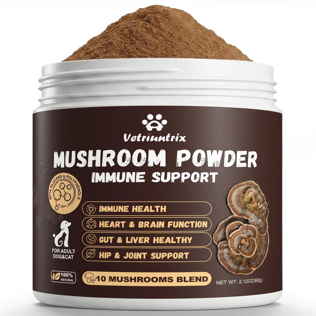 Turkey Tail Mushroom for Dogs & Cats, Organic 10 Mushroom Blend for Lipoma Lumps and Bumps, Dog Mushroom Supplements with 50% Beta Glucan, Joint Gut Immune Skin Support - 60g