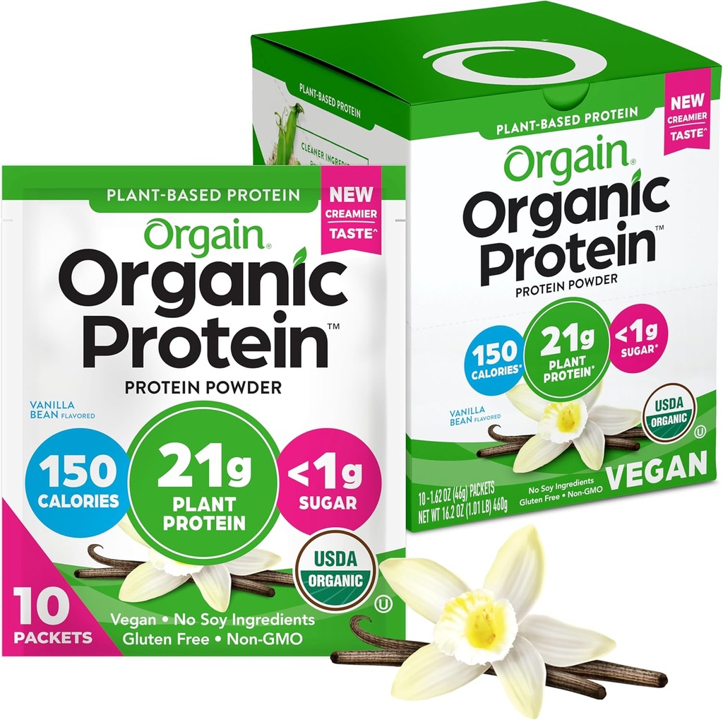 Orgain Organic Vegansk Protein pulver, Vanilla Bean - 21g Planteprotein, 5g Prebiotiske Fiber, Lavkarbohydrat, Ingen Laktose ingredienser, Ingen tilsatt sukker, ikke-GMO, For rister og smoothies, 10 reisepakker