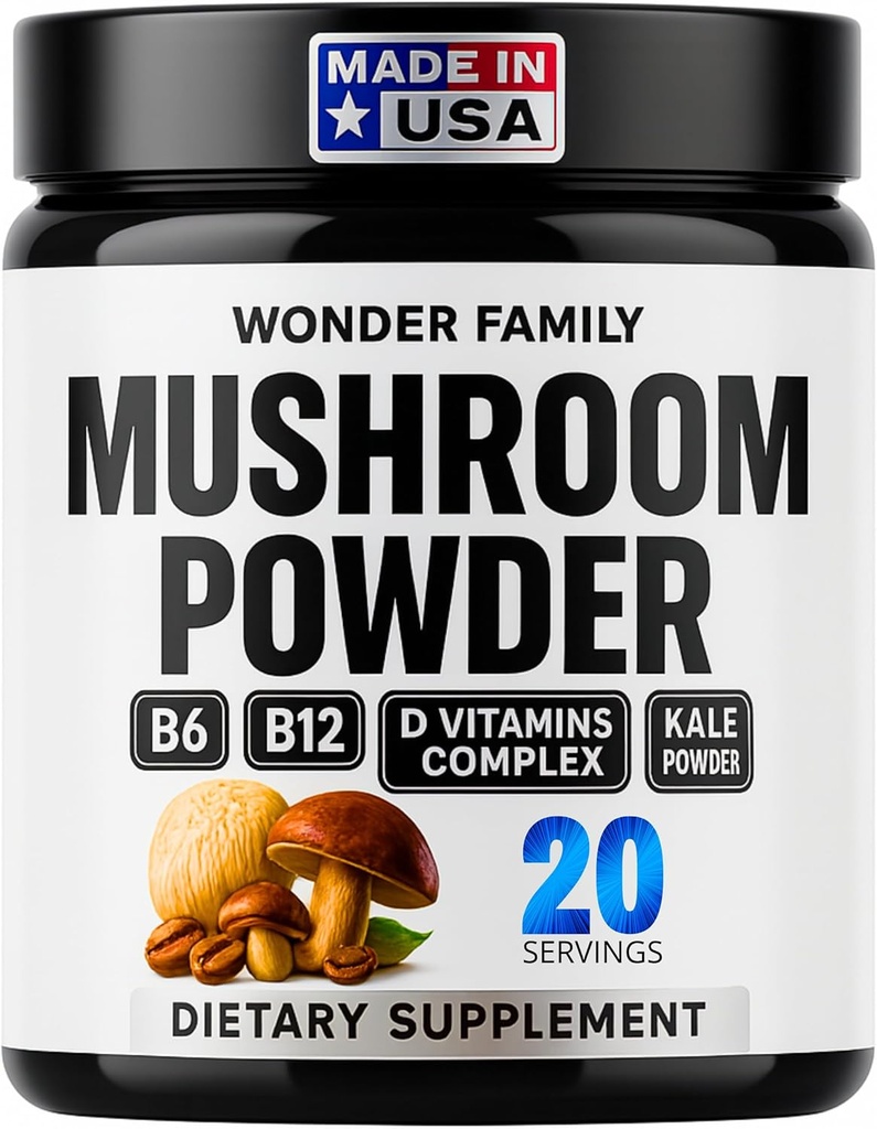 Instant Mushroom Powder 10 : 1 - Reishi, Chaga & Shiitake와 Cordyceps 버섯 보충 - B6, B12, D + Probiotics 버섯 Cacao 유기 혼합 (감미 없음)