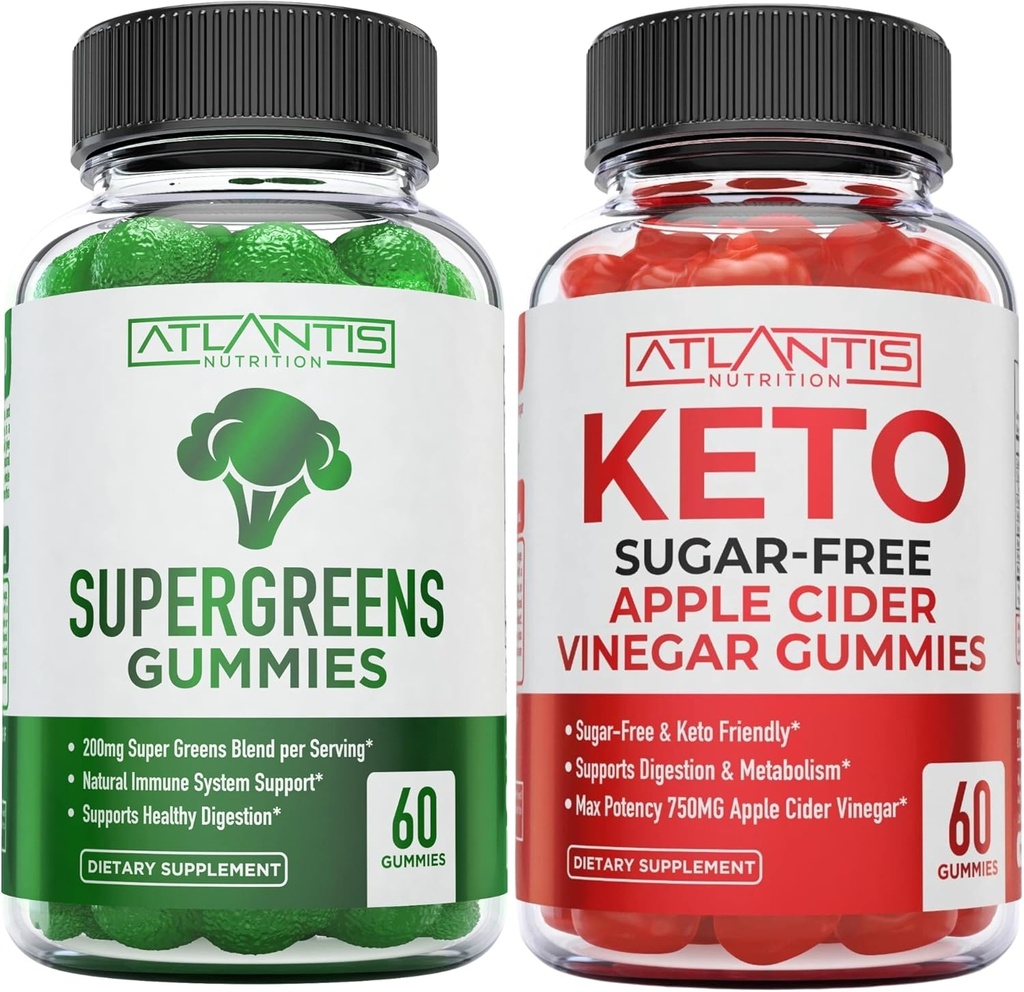 Atlantis Elikadura Supergreens 60 Gummies + Sugar Free Keto Apple Cider Vinegar 60 Gummies