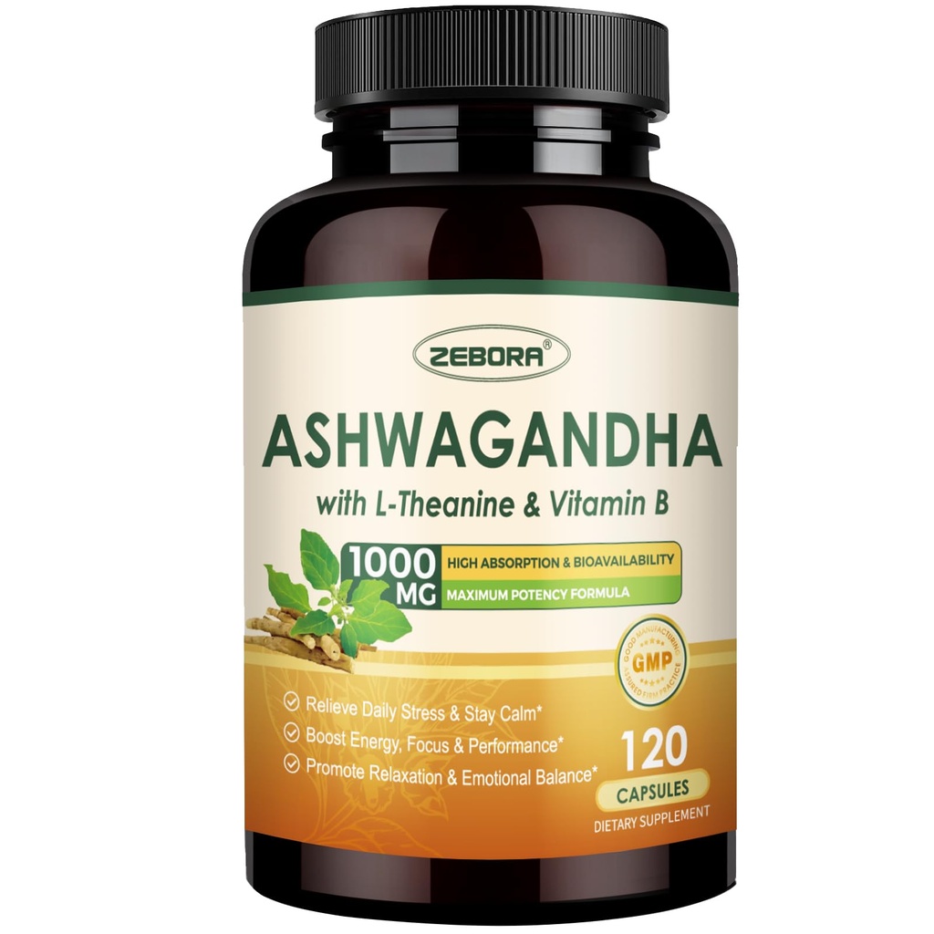 ZEBORA Ashwagandha Supplements for Women & Men – High Absorption Ashwagandha Root Extract 1000mg with L-Theanine, Vitamin B12 & B6, 10% Withanolides, Non-GMO, 120 Capsules