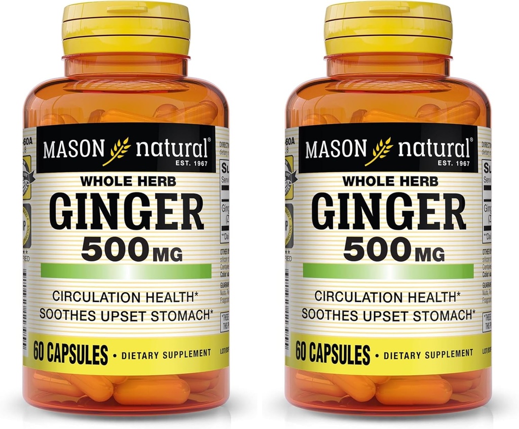 MASON NATURAL Whole Herb Ginger 500 mg, Natural Herbal Supplement, 60 Capsules (Pack of 2)