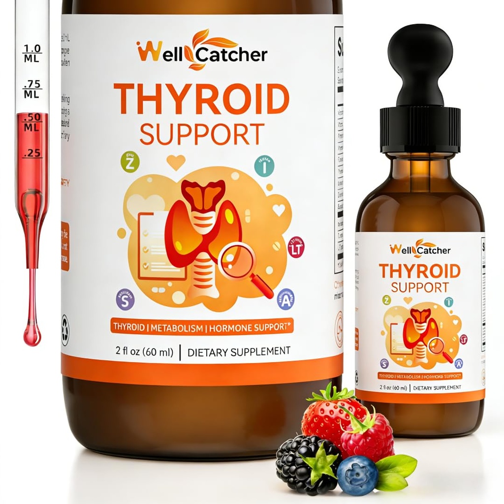 Thyroid Support Drops for Women & Men, Liquid Thyroid Supplement with Iodine, Selenium, Zinc, L-Tyrosine, Ashwagandha, Vitamin D3, B12, B6 & Folate, Mixed Berry Flavor 30 Days