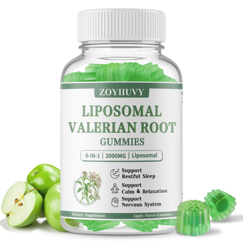 Liposomal Valerian Root Gummies, Natural Herbal Supplements for Calm & Relaxation, Natural Sleep Support for Adults & Kids, Melatonin Free, Vegan, Non-GMO, Gluten Free, Apple Flavor, 60 Count