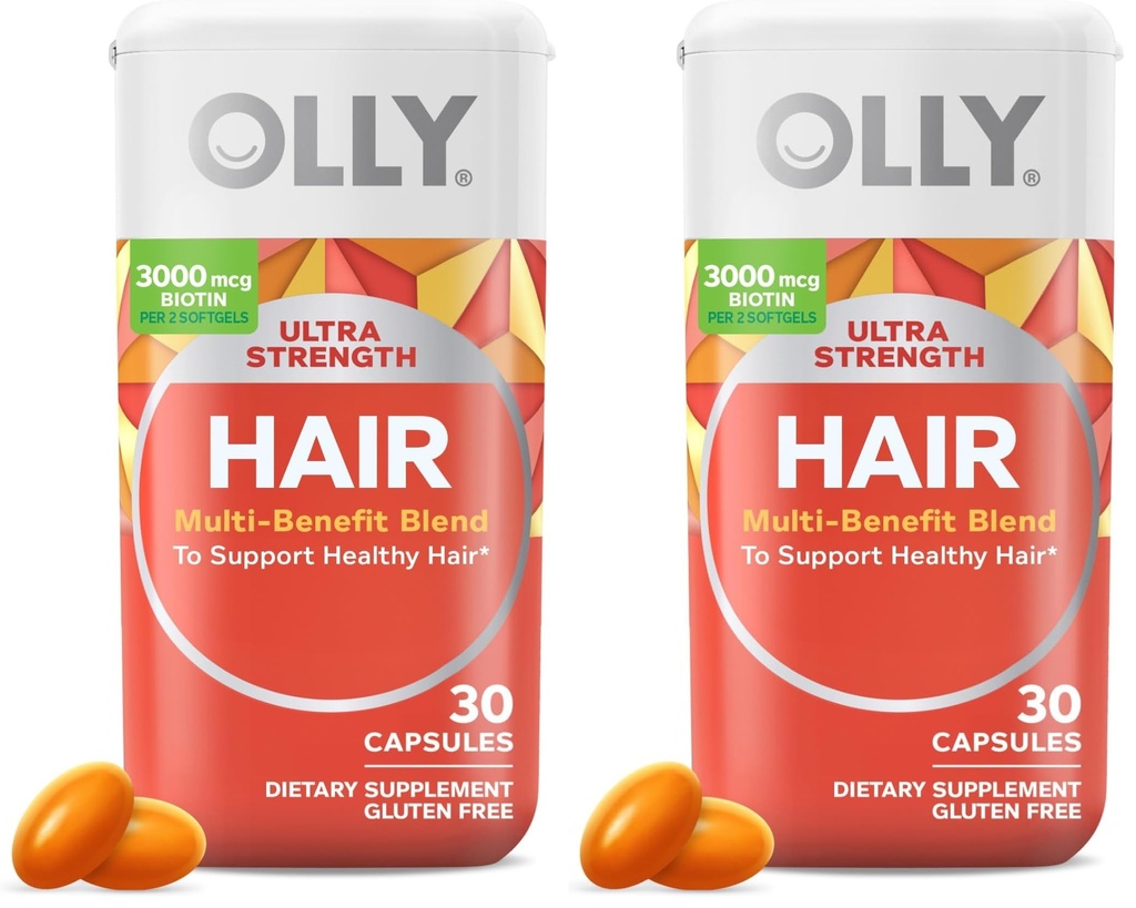 OLLY Ultra Strength Hair Softgels,Supports Hair Health,Biotin,Keratin,Vitamin D,B12,Hair-Supplement,30 Day Supply - (Packaging May Vary),30 Count (Pack of 2)