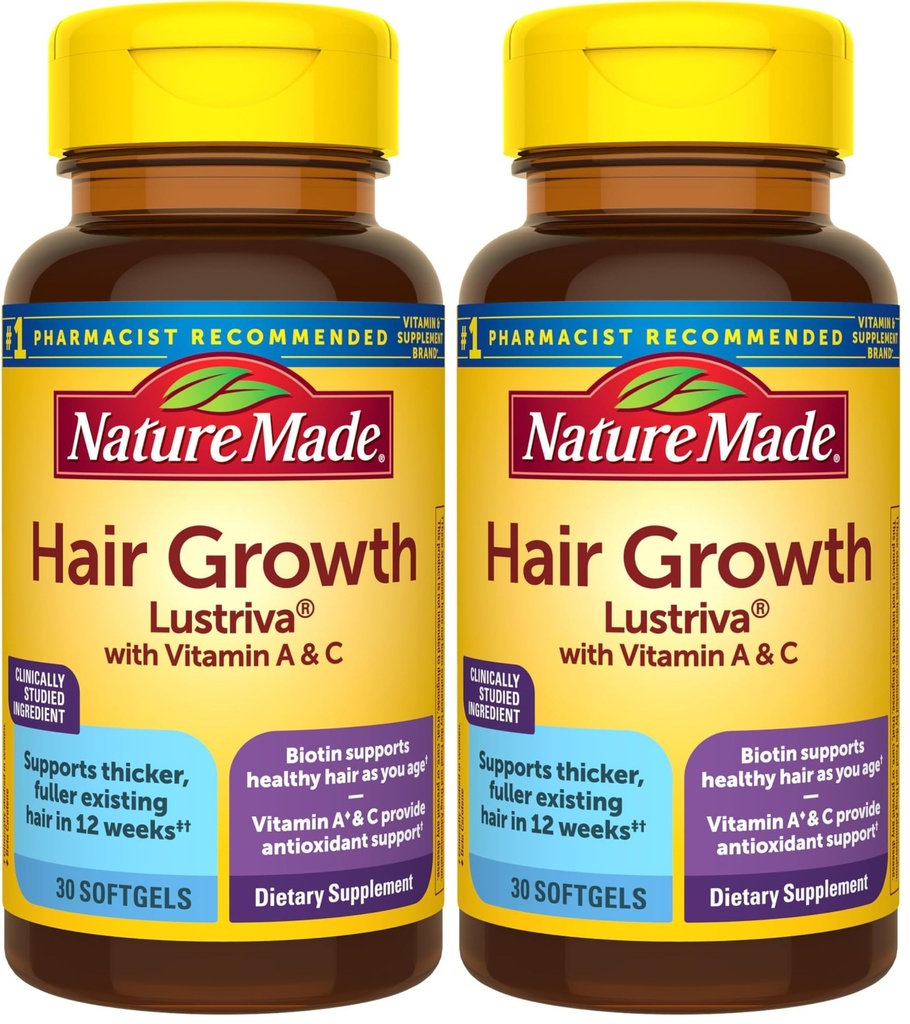 Nature Made Hair-Growth Softgels, Clinically Studied Lustriva + Biotin, Vitamin C & A, Hairs Growth Vitamins - Support Healthy Hair as You Age, 30 Softgels, 30 Day Supply, (Pack of 2)