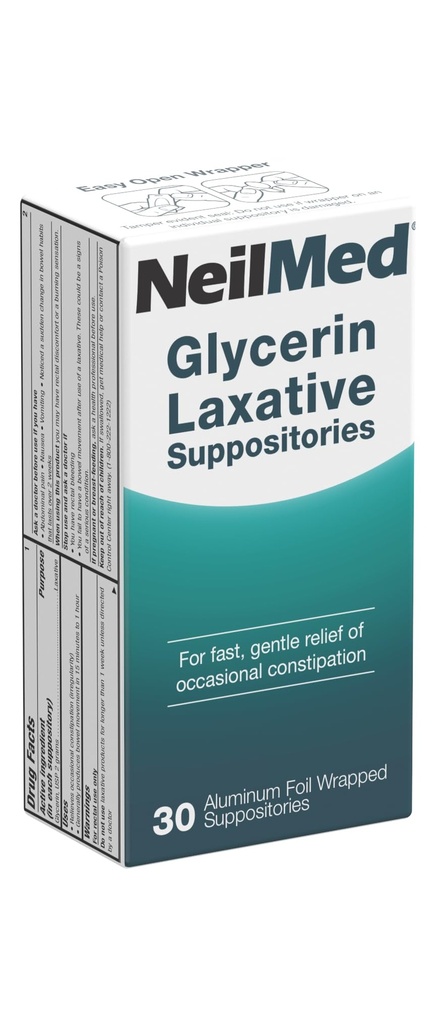 NeilMed Glycerin Laxative Suppositories, Gentle Relief from Constipation, Fast Acting, indivdually Wrapped, 30 ct
