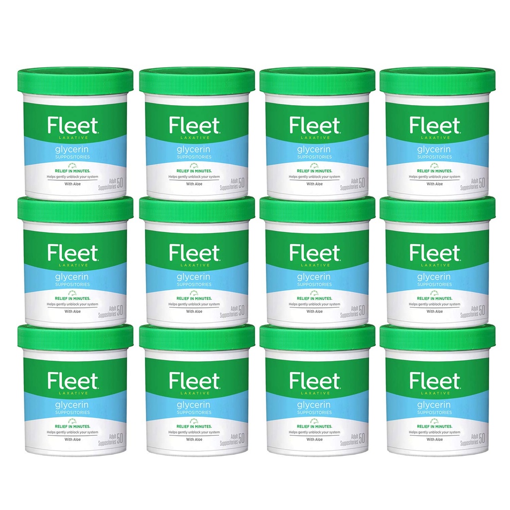 Fleet Glycerin Suppositories for Constipation Relief, Fast and Effective Stimulant-Free Laxative with Aloe Vera, 50 Count Jar (Pack of 12)