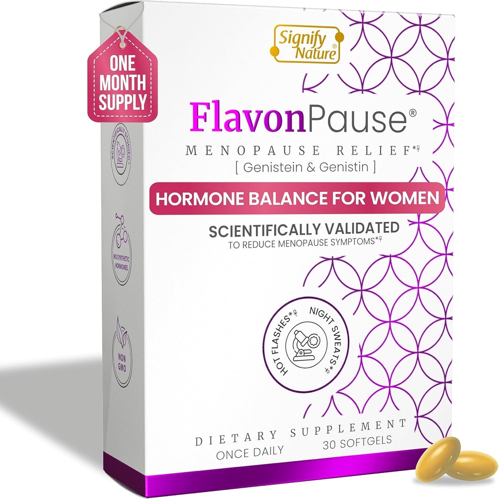 FlavonPause Horké záblesky Menopauza Relief - POSTIHY Testováno - CLASSIC 124; Natural Hot Flash Relief, Night Sweats Relief, Skin Aging CLAS124; Multi Menopauze Symptom Relief 124; 30 Softgels