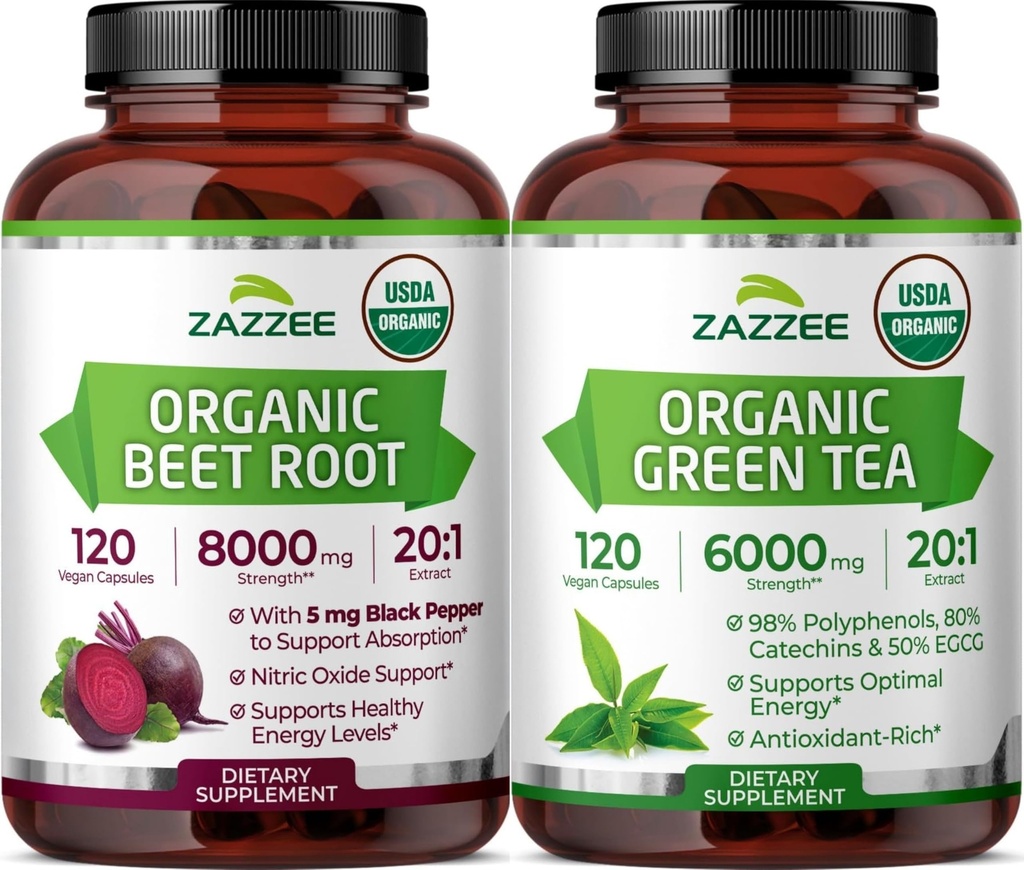 Zazzee Herbal Antioxidant Fitness Support Bundle | 20:1 Organic Green Tea and Beet Root Extract Capsules | Non-GMO Vegan & ISO Lab Tested (120 Servings Each)