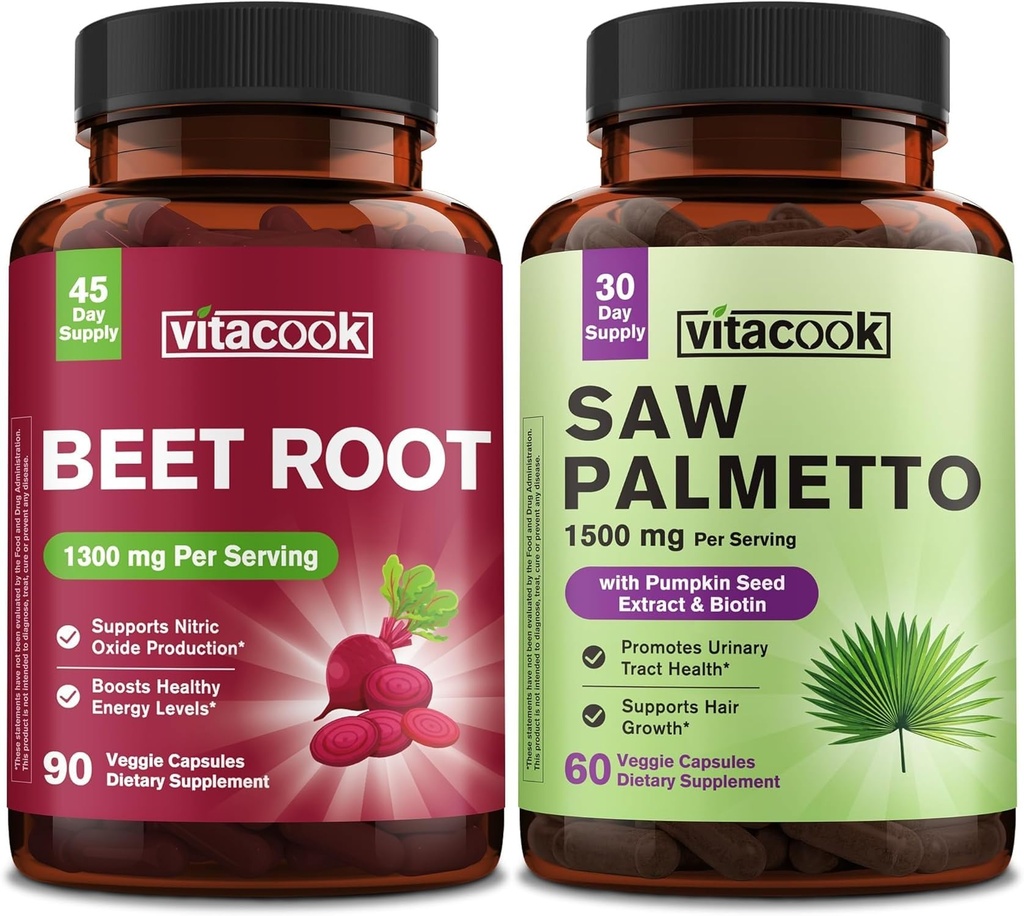Bundle: Beet Root 1300mg Circulation 90 Capsules and Saw Palmetto for Men & Women 1500mg, Urinary Tract Function, Hair, Skin, and Nail Health, 60 Capsules