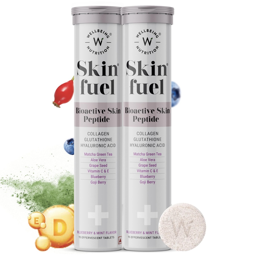 WELLBEING NUTRITION Skin Fuel with Collagen, L-Glutathione, Hyaluronic Acid, Matcha Green Tea, Aloe Vera, Grape Seed, Vitamin C, E - 30 Effervescent Tablets