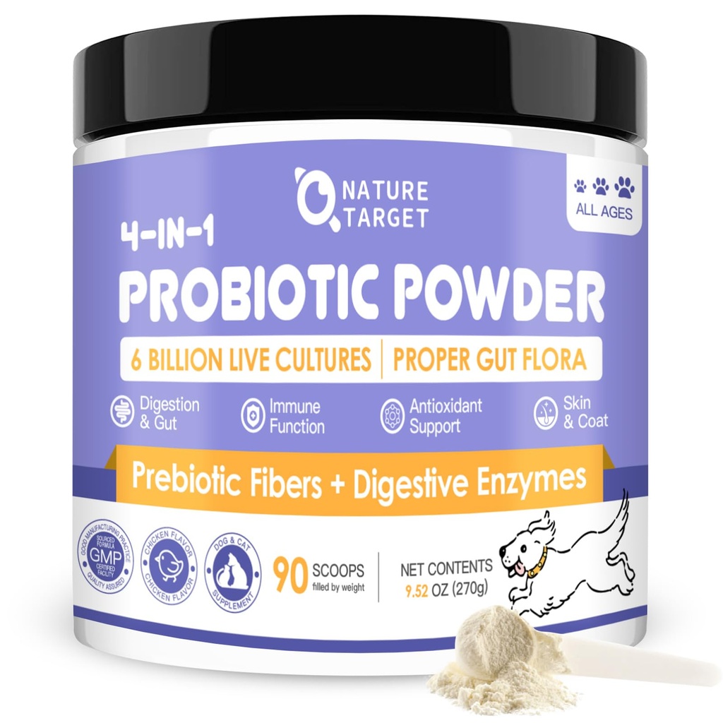 NATURE TARGET Probiotics for Dogs - Dog Probiotics, Plus Prebiotic, Digestive Enzymes, Fiber, Support Gut, Immune Health, 6 Billion CFU Dog Probiotic Powder, Relieve Diarrhea, Loose Stool, 90 Scoops