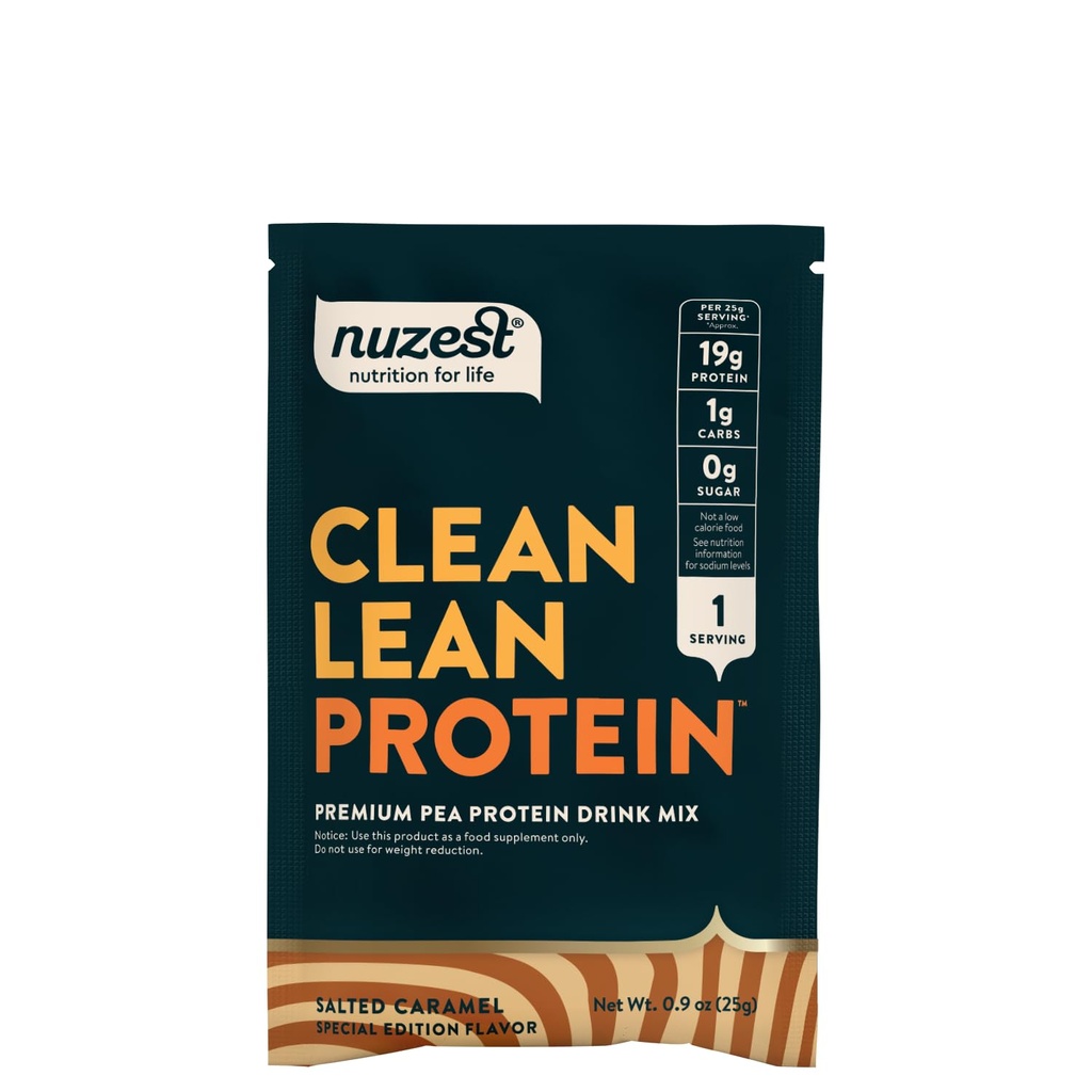 Nuzest - Pea Protein Powder - Clean Lean Protein, Premium Vegan Plant Based Protein Powder, Dairy Free, Gluten Free, GMO Free, Naturally Sweetened Protein Shake, Salted Caramel, 1 Serving, 0.9 oz
