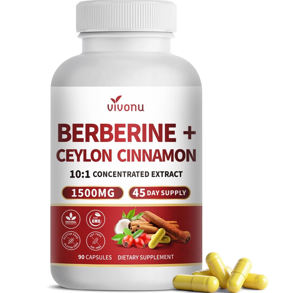 Berberine with Ceylon Cinnamon, 45 Day Supply, Berberine HCL 1200mg, Ceylon Cinnamon 250mg, 10:1 Concentrated Extract for Liposomal Formula, Supports Immune, Digestive Health, 90 Capsules, 1 Bottle