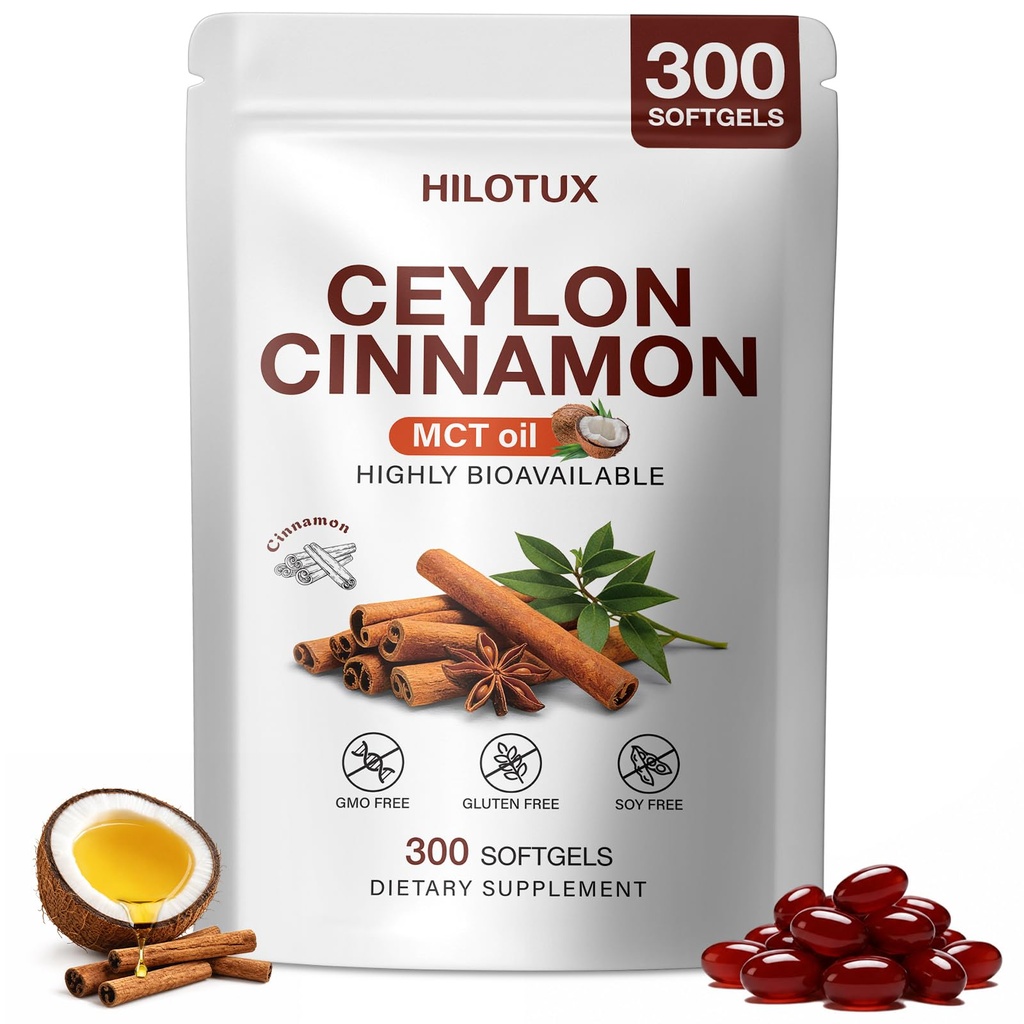 Ceylon Cinnamon Softgels with MCT Oil, Sri Lanka Sourced Low Coumarin Ceylon Cinnamon Supplement, High Absorption Cinnamon Capsules for Healthy Blood Sugar & Metabolic Support, Non-GMO, 300 Softgels