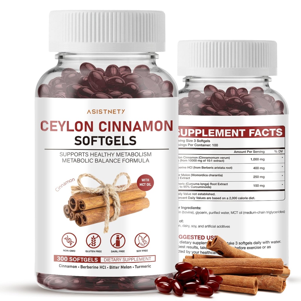 Ceylon Cinnamon Softgels, Organic Ceylon Cinnamon Extract Supplement, Supports Metabolism & Blood Sugar, Ceylon Cinnamon Capsules with Berberine Bitter Melon Turmeric, 300 Softgels