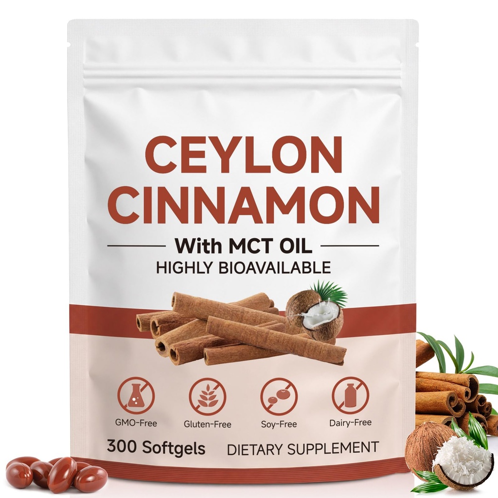 Ceylon Cinnamon Softgels Supplement, Blended with MCT Oil, Non-GMO Gluten Free Daily Herbal Capsules, 300 Count (1pcs)