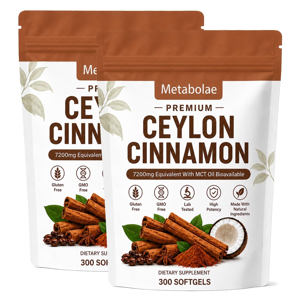 Metabolae Ceylon Cinnamon with Mct Oil, 300 Softgels, Highly Bioavailable Herbal Extract Ceylon Cinnamon Capsules, Energy & Metabolic Support, Non-GMO, Gluten Free, Vegan Friendly