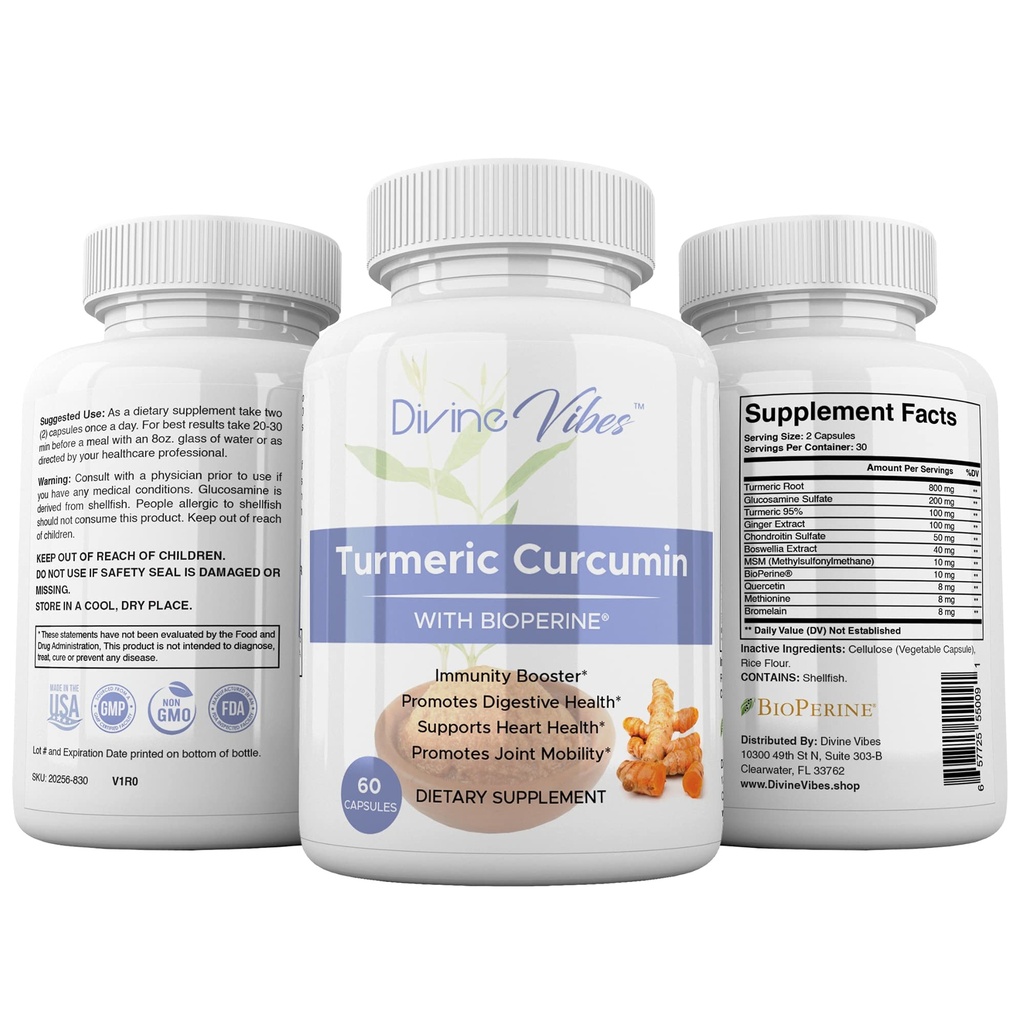 Turmeric Curcumin with BioPerine, Ginger 95% Standardized Curcuminoids with Black Pepper - Proprietary Blend for Max Absorption, Natural Joint Support, Tumeric Extract Supplement - Gluten Free Non-GMO