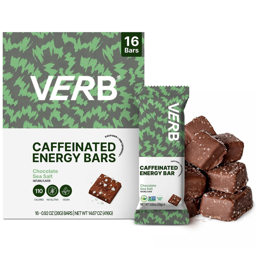 Verb Caffeinated Energy Bars Chocolate Sea Salt (26g, Pack of 16) 110-Calorie Delicious Low Sugar Energy Bar - Vegan Gluten Free On-the Go Snack with 80mg Green Tea Caffeine Only Real-Food Ingredients