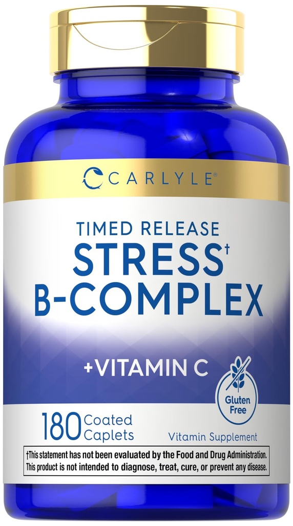 Carlyle Stress B-Complex Vitamin | 180 Vegetarian Caplets | with Vitamin C | Non-GMO & Gluten Free Supplement