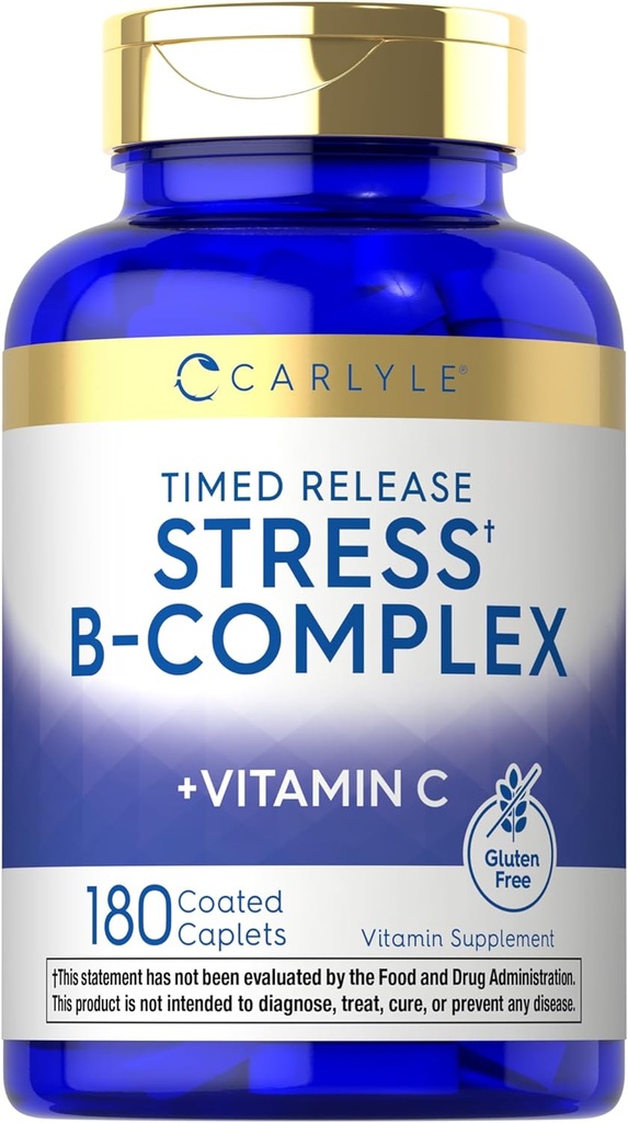 Carlyle Stress B-Complex Vitamina 180 Caplets Vegetarianos com Vitamina C Não-GMO e Suplemento sem glúten