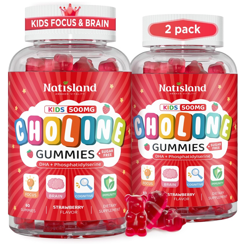 Choline Gummies for Kids & Adults, Choline Supplements 500mg with DHA, Phosphatidylserine for Brain Health, Focus, Immune Support, Sugar-Free, Vegan, Strawberry Flavor, 120 Gummies