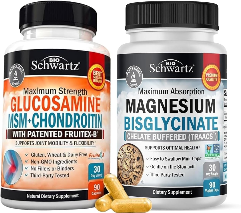 Felszívódás Magnézium-biszglicinát kapszula (1 hónapos ellátás) Plus Glucosamin Chondroitin MSM Triple Strength Joint Support Supplement (1 hónapos ellátás)