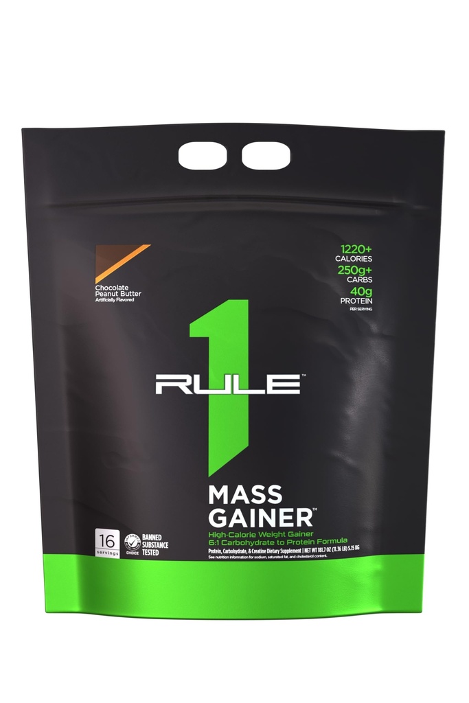 Rule 1 Proteins Mass Gainer, Chocolate Peanut Butter, 16 Servings | High-Calorie Weight Gain Formula with 1,220+ Calories, 250g+ Complex Carb Blend, 40g All-Whey Protein Per Serving