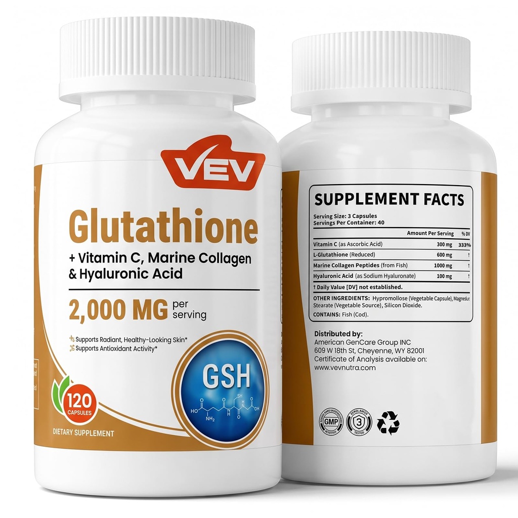 VEV Glutathione Supplement 2000mg with Vitamin C, Antioxidant Support for Skin Whitening, Hydration & Even-Looking Tone, 120 Capsules