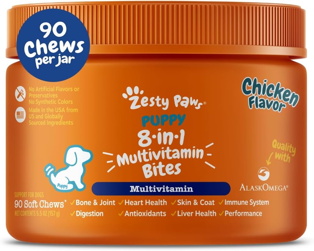 Zesty Paws Dog Multivitamine, Vitamine de câine masticabile și suplimente pentru Hip & Joints, Piele & Coat, Omega 3 ulei de pește pentru câini- catelus Multivitamine - Chicken Puppy Bites- 90ct