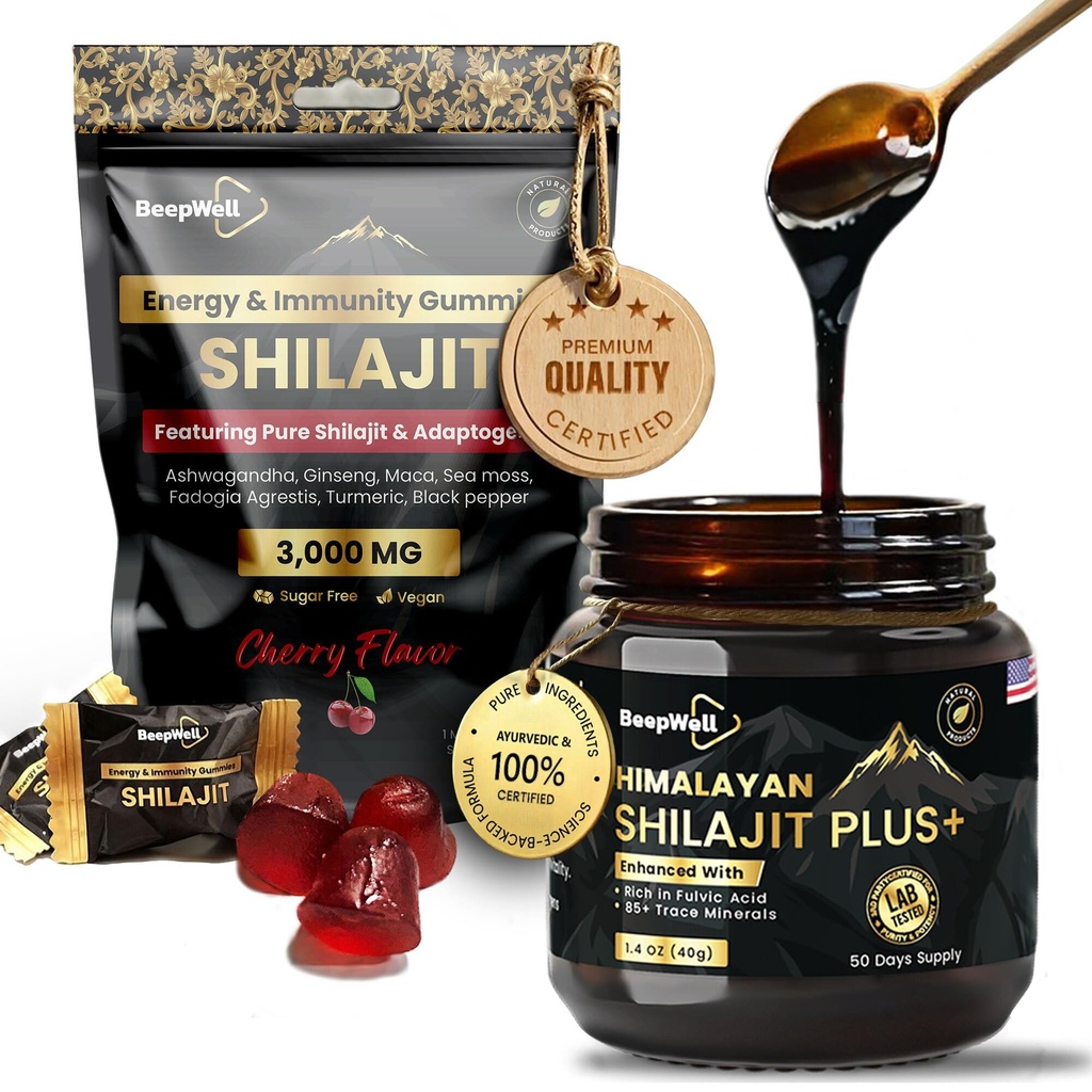 Pure Shilajit Wellness Bundle – Gold Grade Shilajit Gummies (60 ct) + Organic Resin Extract (40g) – with Ashwagandha, Fulvic Acid & 85+ Trace Minerals – No Sugar Added – Energy, Vitality Support