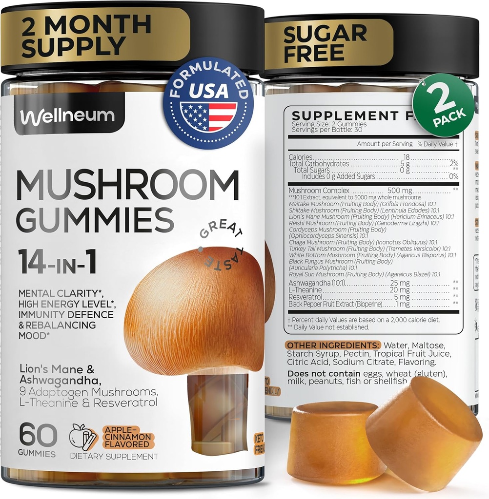 Mushroom Gummies 5000 Mg 120 Pcs (2 Pack) - Lion's Mane e 9 Adaptogenic Mushrooms Blend - Ashwagandha, L-theanine - Mushroom Gummies for Energy, Immunity, Focus, Brain Boost - No Sugar and GMO