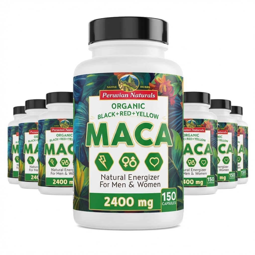 Peruvian Naturals Organic Maca Root Capsules for Women & Men, 2400 mg, 150 Vegan Pills with Black, Red & Yellow Root, Gelatinized, Non-GMO 12-Pack