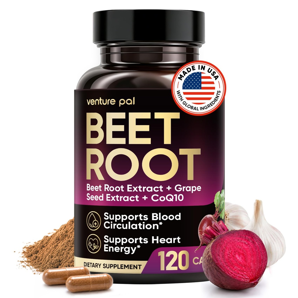 Venture Pal Beet Root Capsules for Blood Pressure & Heart Support – 8-in-1 Formula with 20:1 Beetroot Extract, CoQ10, Garlic & Grape Seed – Nitric Oxide & Circulation Support, 120 Capsules