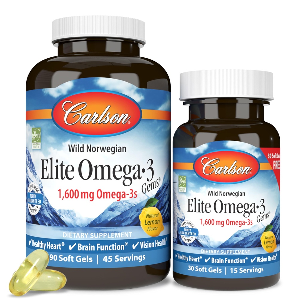 Carlson - Elite Omega-3 Gems, 1600 mg Omega-3 Fatty Acids Including EPA and DHA, Norwegian Fish Oil Supplement, Wild Caught, Sustainably Sourced Fish Oil Capsules, Lemon, 90+30 Softgels