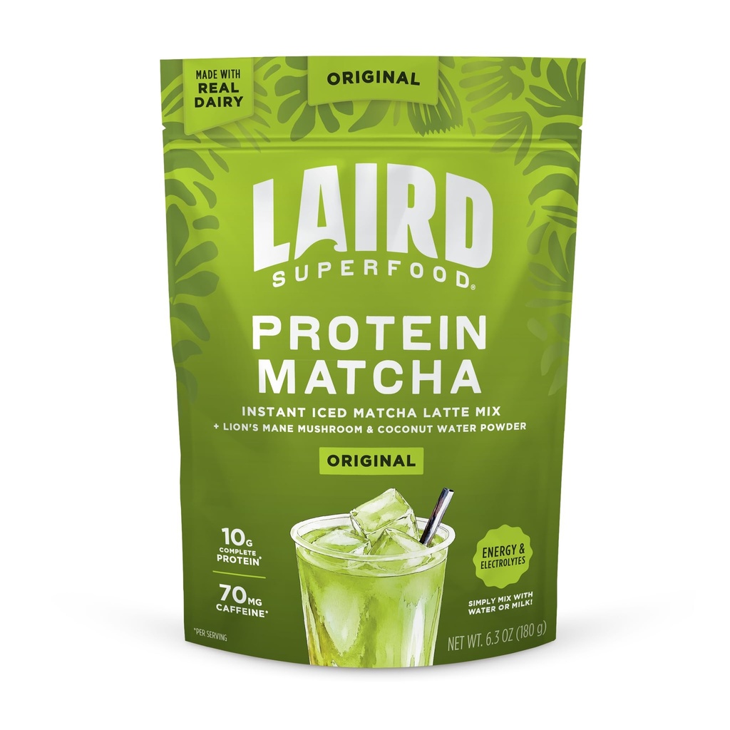 Laird Superfood Protein Matcha, Instant Iced Matcha Latte Mix with 10g Complete Protein, Lion's Mane Mushroom & Coconut Water Powder, No Added Sugar, Original, 6.3 oz
