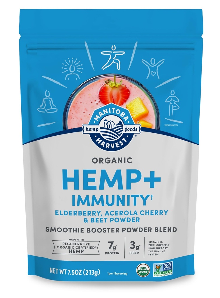 Manitoba Harvest Organic Hemp+ Immunity, Elderberry, Acerola Cherry & Beet Powder, Smoothie Booster Powder Blend, 7.5 oz