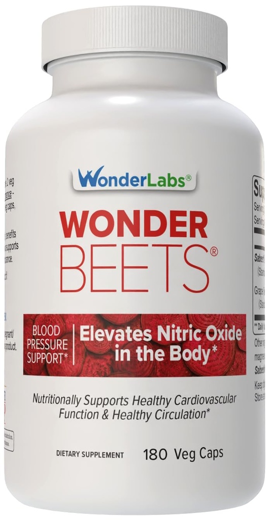 Wonder Beet Beet Root Capsules 1100mg, Standardized to 2% Nitrates, Helps Support Nitric Oxide Production, Blood Pressure, Heart Health, Contains Non-GMO Beetroot Powder and Grape Seed Extract (180)