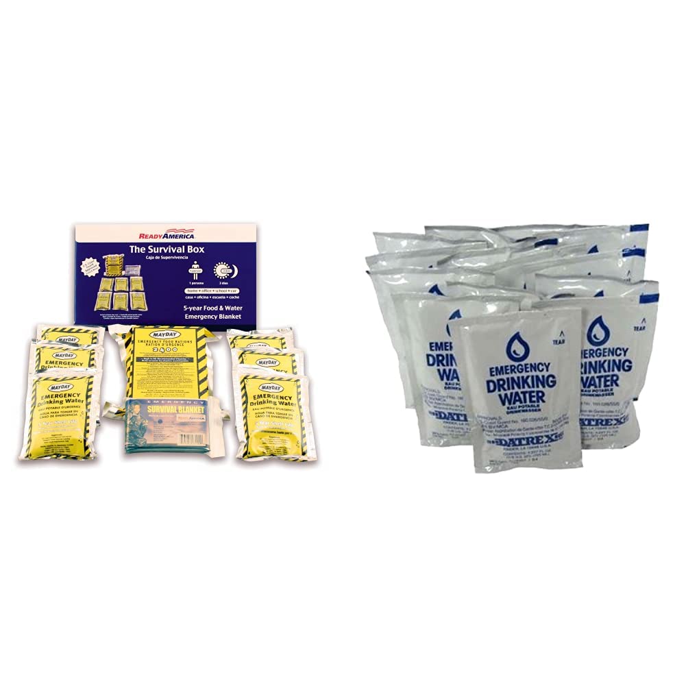 Ready America The Survival Box & Datrex Emergency Water Packet 4.227 oz - 3 Day/72 Hour Supply (18 Packs), White