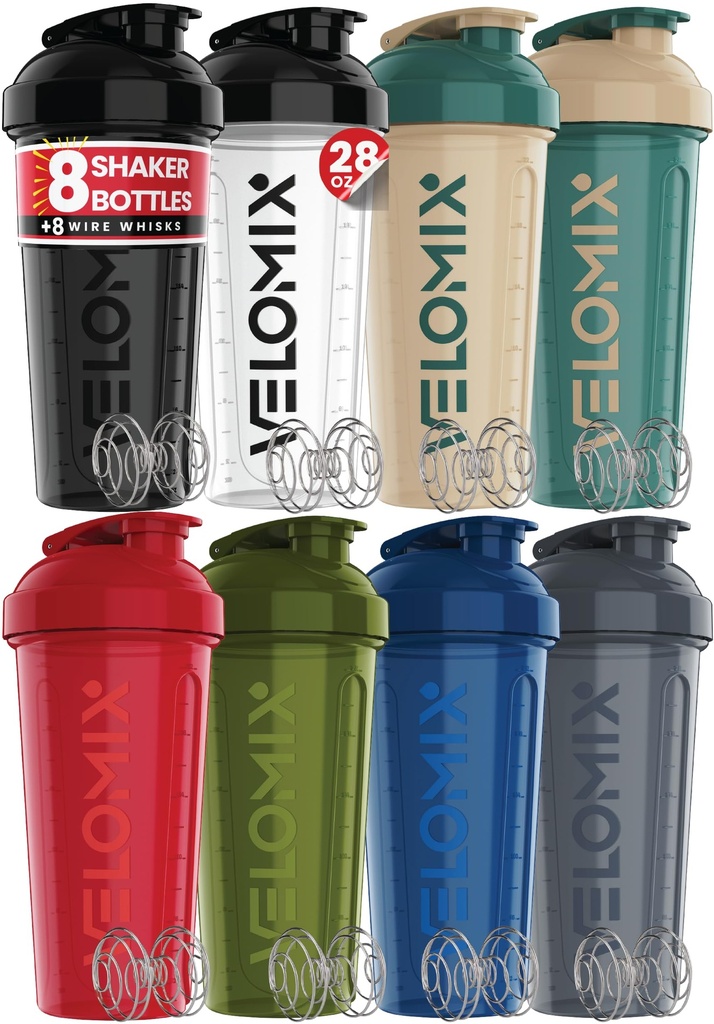 VELOMIX -8 PACK- 28 oz Protein Shaker Bottle for Protein Mixes - 8x Wire Whisk | Leak Proof Shaker Cups for Protein Shakes | Stackable Protein Shaker Bottle Pack | Dishwasher Safe