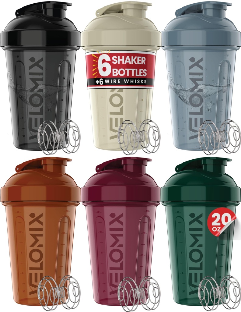 VELOMIX -6 PACK- 20 oz Protein Shaker Bottle for Protein Mixes - 6x Wire Whisk | Leak Proof Shaker Cups for Protein Shakes| Stackable Protein Shaker Bottle Pack | Dishwasher Safe (Mood Tones)