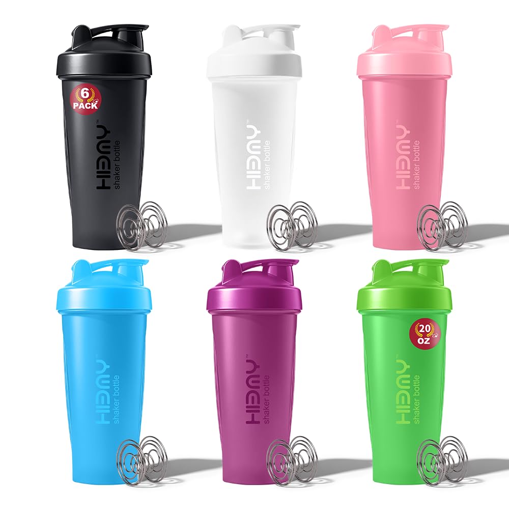 [ 6 Pack 600 ml | 20 oz Protein Shaker Bottles for Protein Mixes, 6 x Whisk Ball | Shaker Cups for Protein Shakes | BPA Free, 100% Leak Proof, No Smell | Protein Shake Bottle (A) Six Mixed
