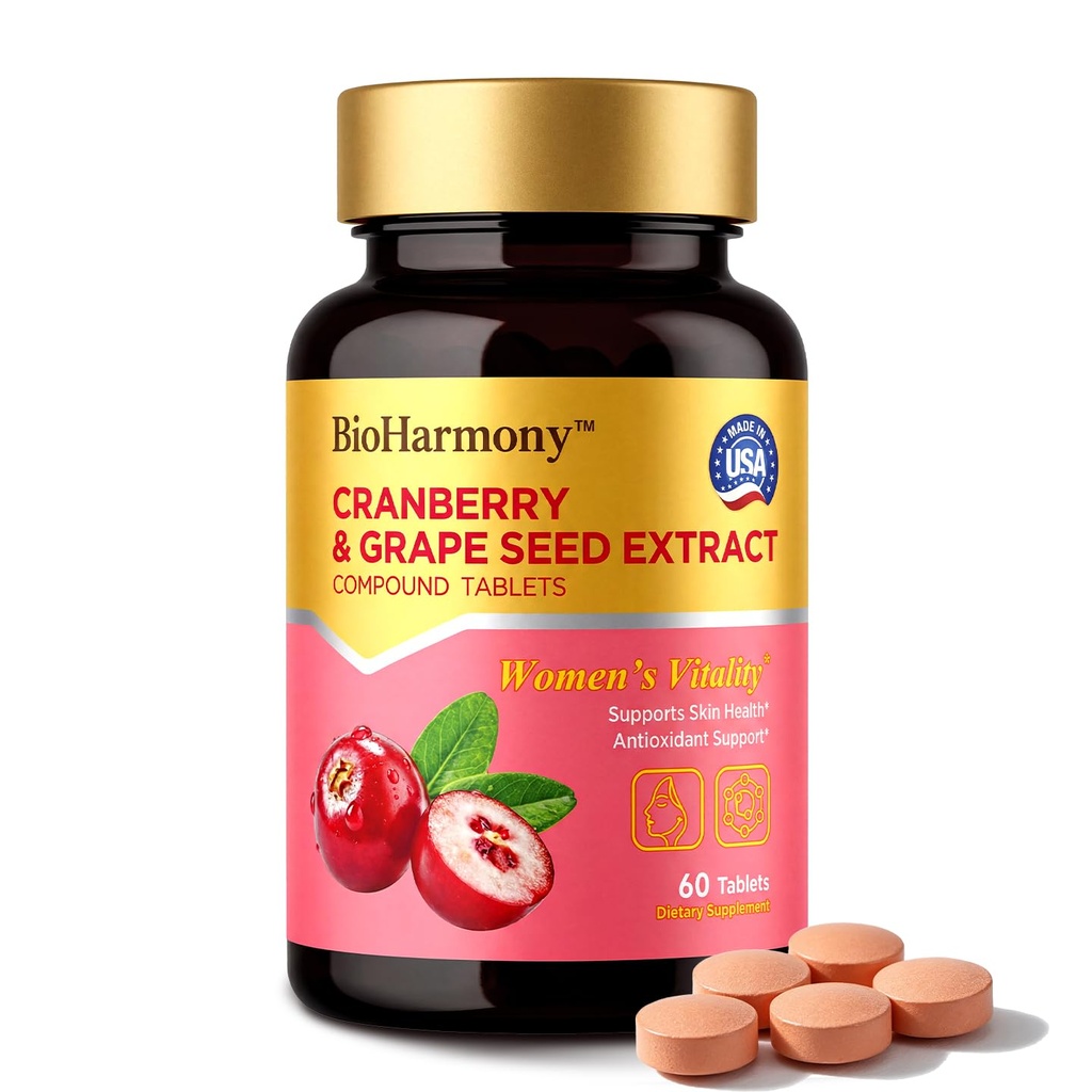 BioHarmony Cranberry Supplement for Women with Grape Seed Extract – 720mg Cranberry & 696mg Grape Seed per Serving– Support Urinary Tract Health, Skin Health & Feminine Wellness – Non-GMO, 60 Tablets